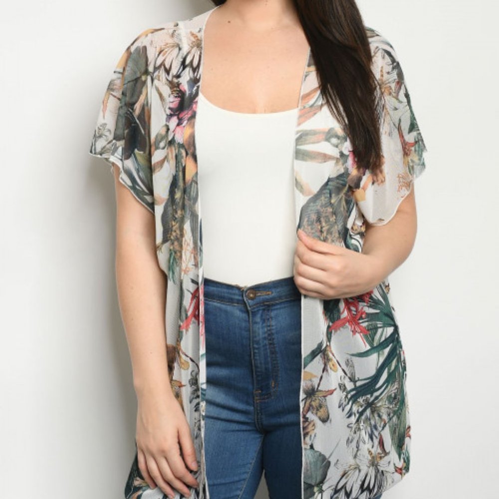 PLUS SIZE, OPEN FRONT, PRINT CARDIGAN